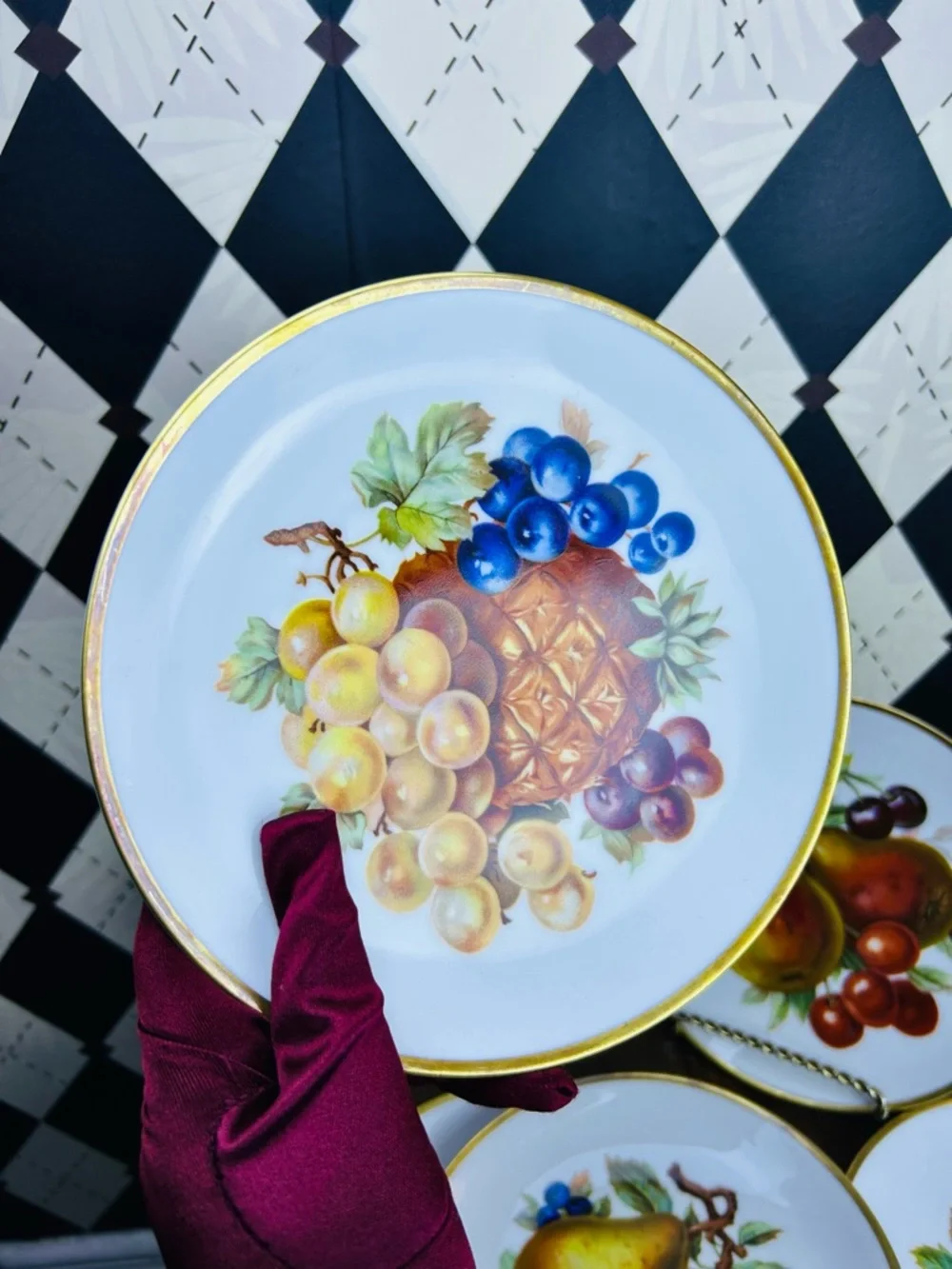 Vintage Mitterteich Bavaria Fruit Plates Set‎ of 6 Gold Rim German Porcelain